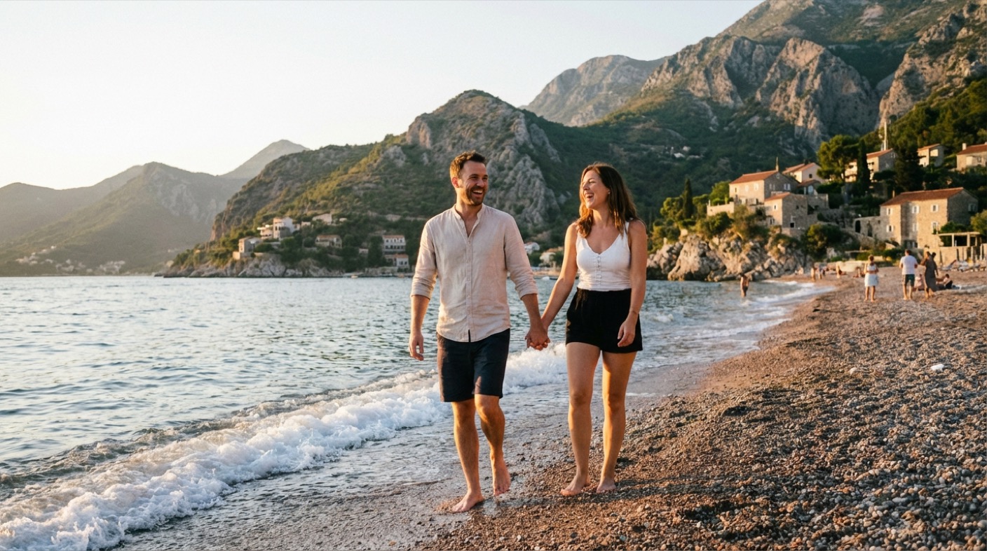 Par šeta plažom u Crnoj Gori na zalasku sunca